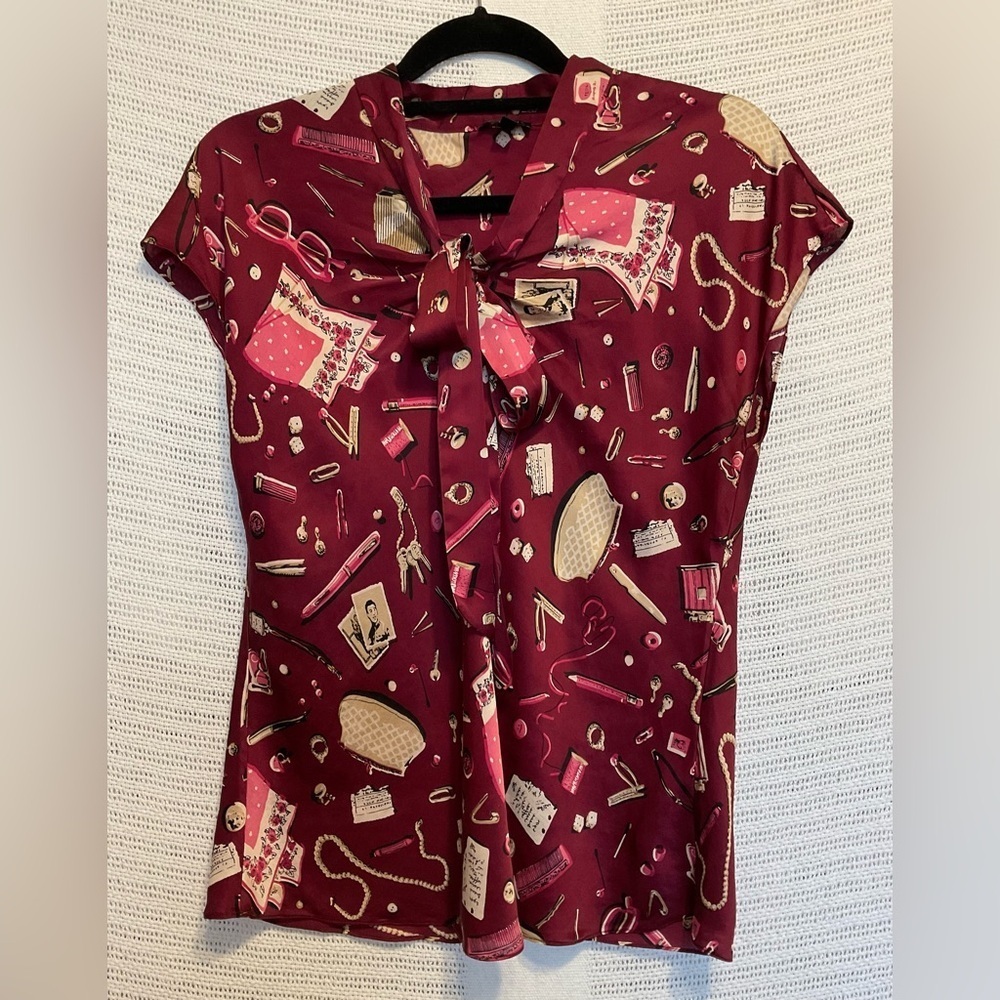 Talbots Red Fitted Blouse with Tie Front and Sailor Collar